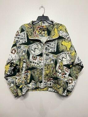River Edge Vintage Old World Map-Print Silk Bomber Jacket Green Yellow Sz Med